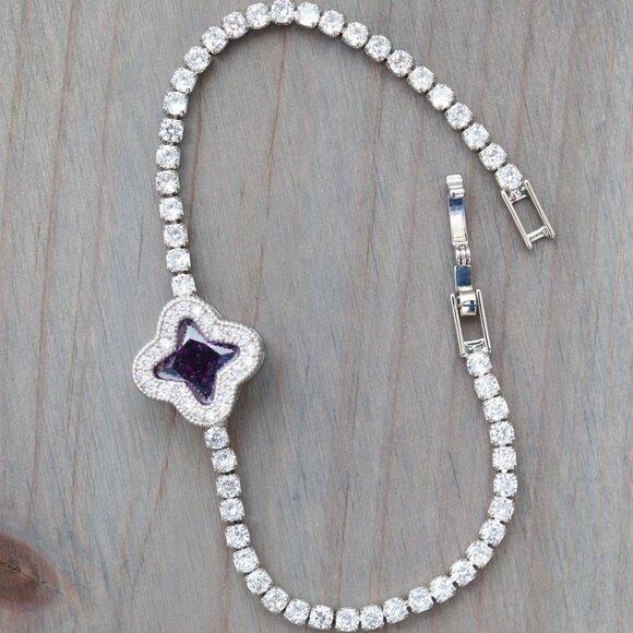 Jewelry - 14mm Clover Purple CZ Diamond Tennis Bracelet Stainless Steel